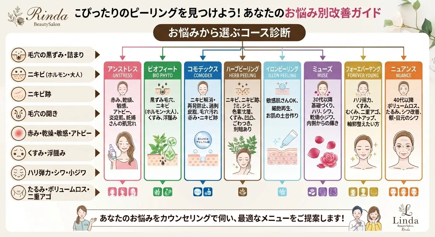 肌を触った時のざらつき、化粧水が入らないごわつき...そんな肌荒れや毛穴のお悩みはJR尼崎駅前にあるRinda Beauty Salonリンダビューティーサロンで9種類のピーリングからオーダーメイド肌管理